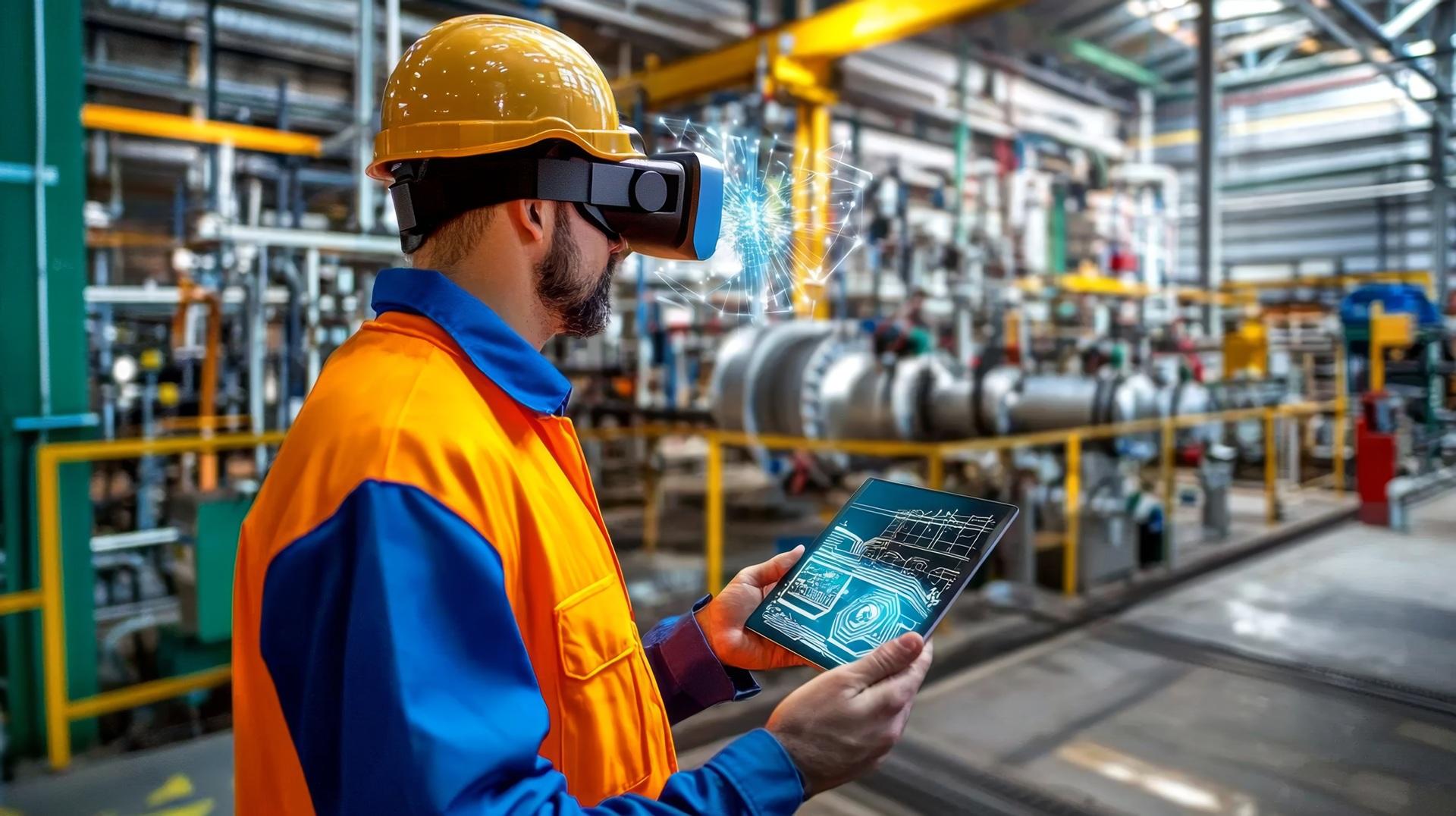 Arbeiter mit VR-Brille und Tablet | Schulung Hubarbeitsbühnen